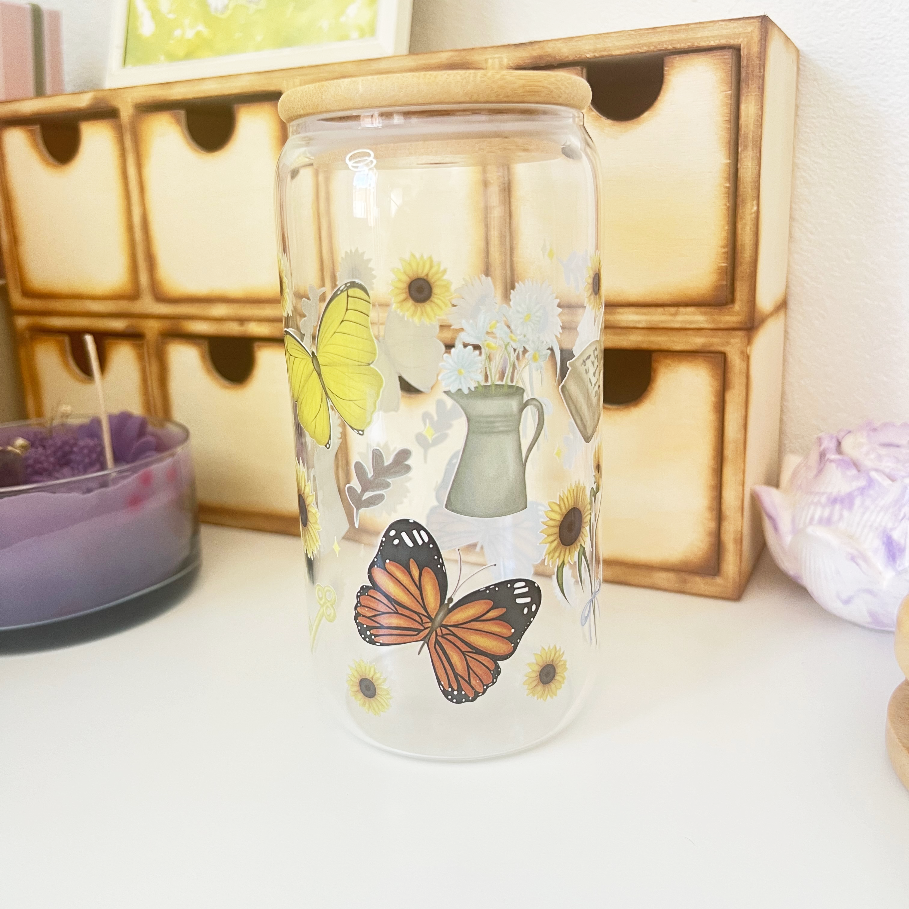 Vaso de Vidrio – Girasoles y Mariposas