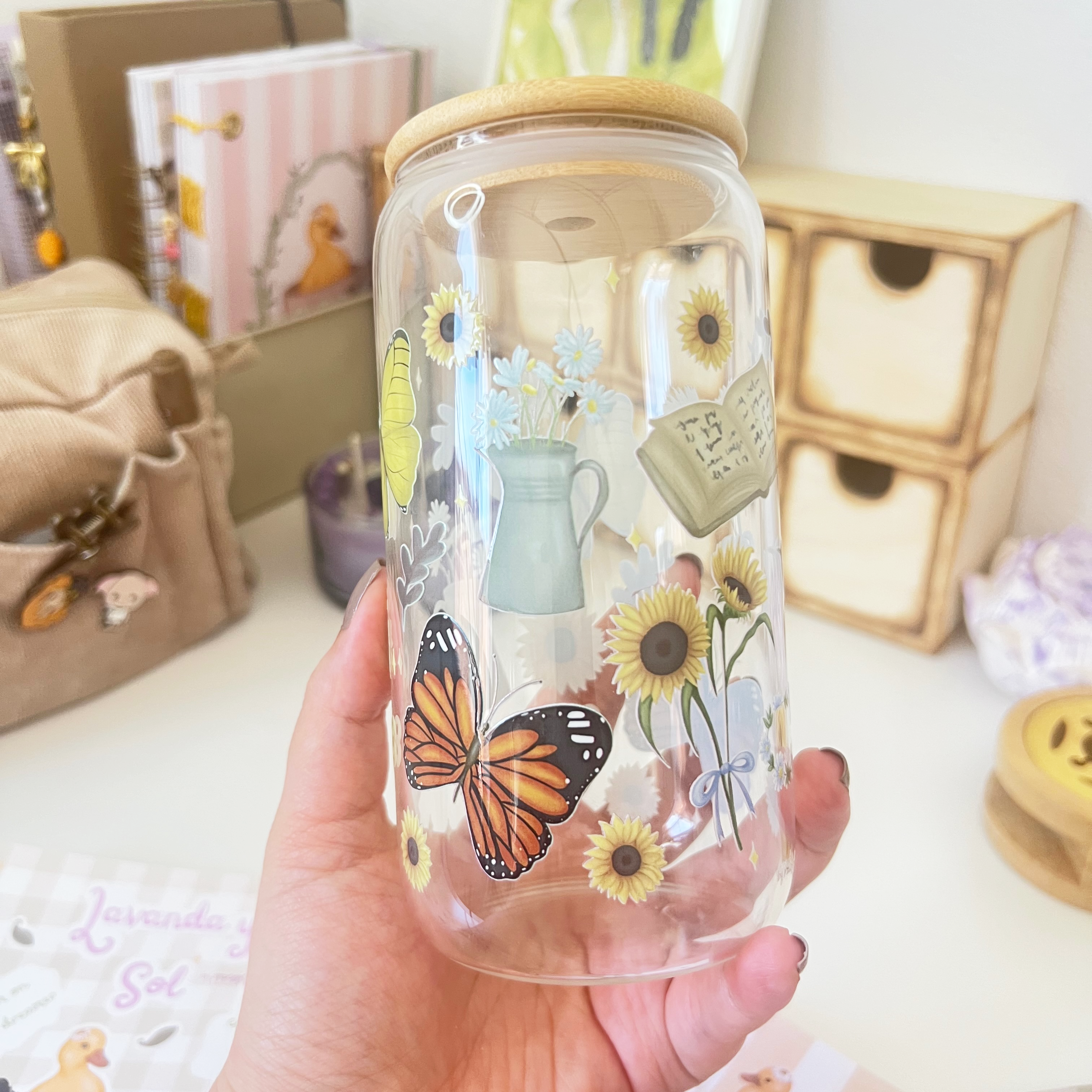 Vaso de Vidrio – Girasoles y Mariposas